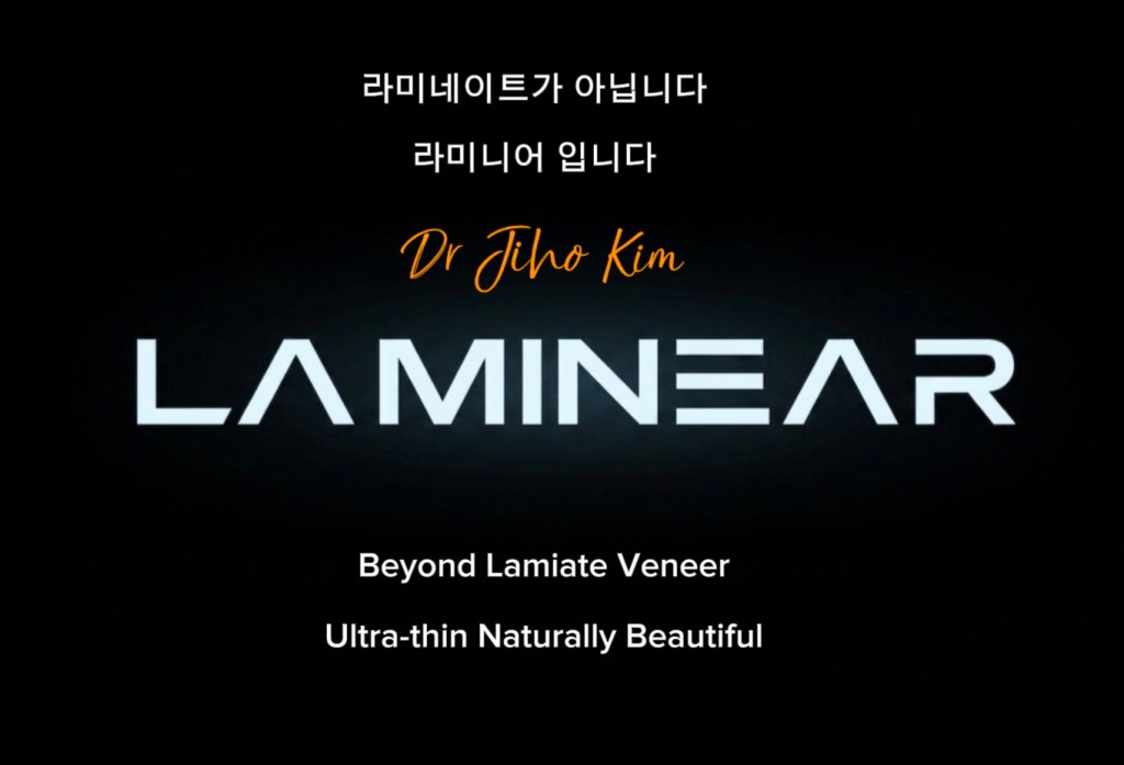 타이틀과 설명이 포함된 라미니어 로고 이미지. 'Dr Jilho Kim'이라는 이름과 함께 'Beyond Laminate Veneer' 및 'Ultra-thin Naturally Beautiful'이라는 슬로건이 적혀 있음.