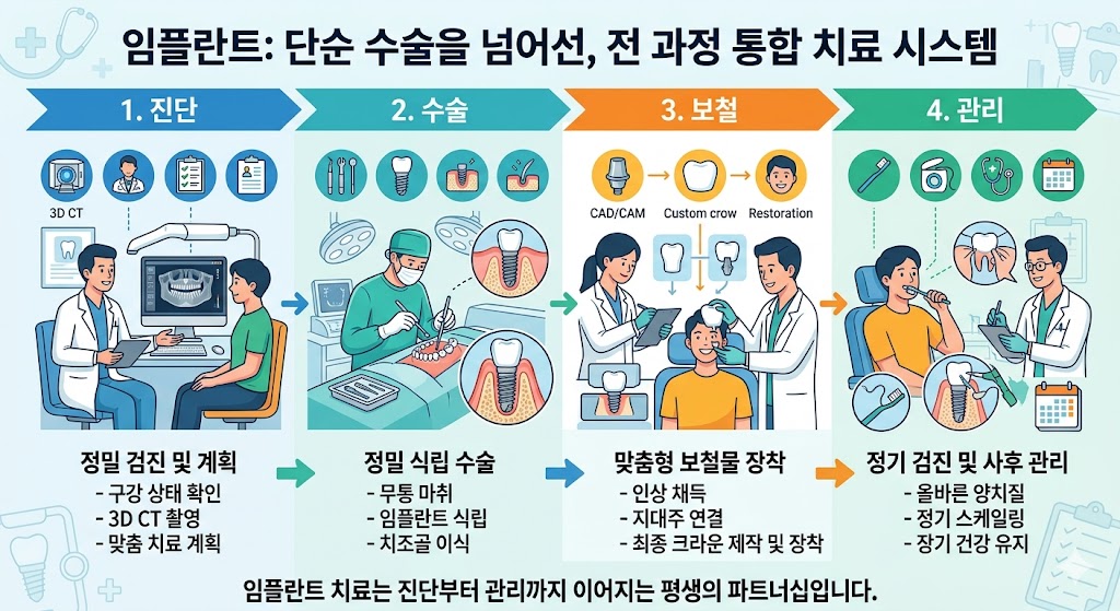 천안 임플란트 치료 과정 진단 수술 보철 관리 설명 이미지