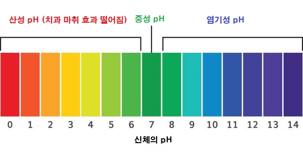 pH 척도 그림으로, 산성, 중성, 염기성 영역을 색상으로 구분하여 표시함